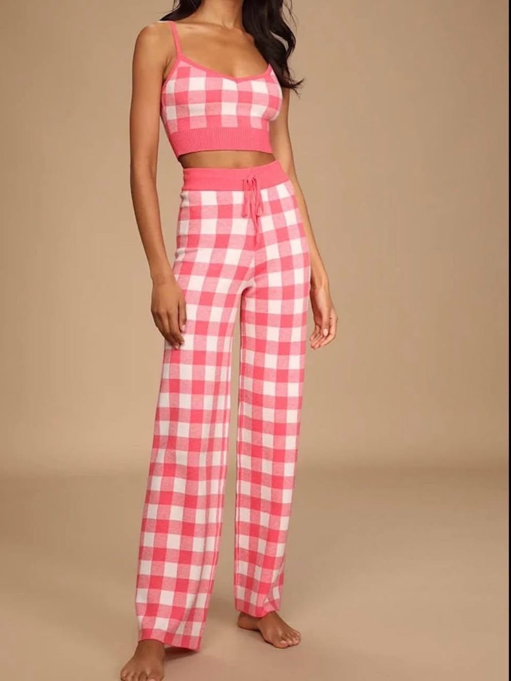 Lulu's Pink & White Gingham Wide-Leg Knit Pants